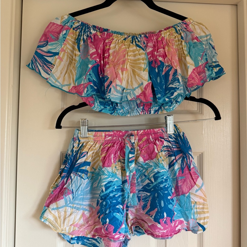 Tropical Print Off-Shoulder Women Shorts Set